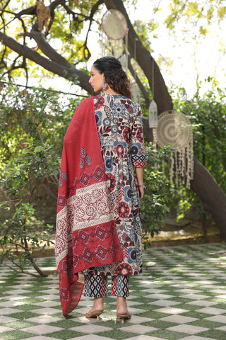 Ethnic Motifs Printed Pure Cotton Kurta with Trousers & Dupatta