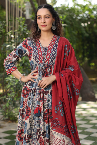 Ethnic Motifs Printed Pure Cotton Kurta with Trousers & Dupatta