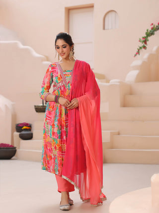 Women Floral Printed Empire Sequinned Kurta with Trousers & With Dupatta