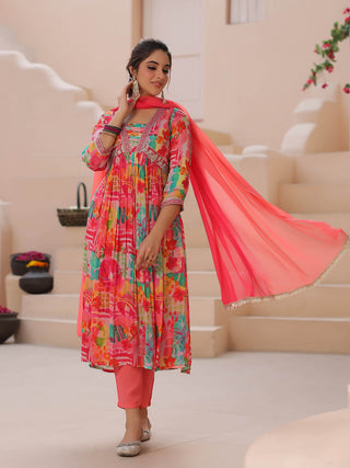 Women Floral Printed Empire Sequinned Kurta with Trousers & With Dupatta