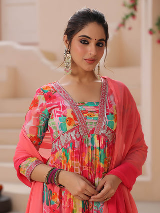 Women Floral Printed Empire Sequinned Kurta with Trousers & With Dupatta