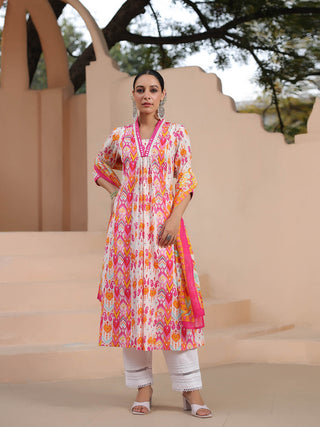 Women Ikat Printed Pure Cotton Kurta with Trousers & Dupatta