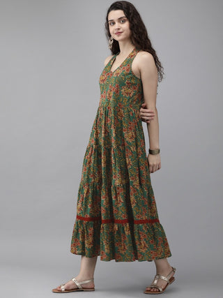 Women Green & Maroon Floral Printed Cotton A Line Ethnic Dresses