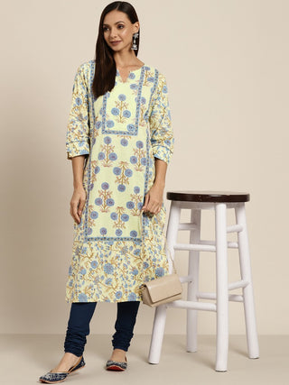 Women Blue Pure Cotton Floral Print Straight Kurta