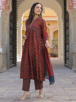 Women Maroon Ethnic Motifs Printed Empire Design Anarkali Kurta With Printed Trouser & Dupatta