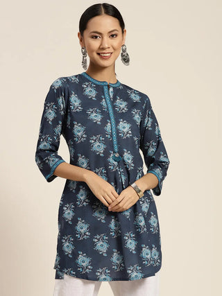 Women Blue Floral Cotton Printed High Low Kurti