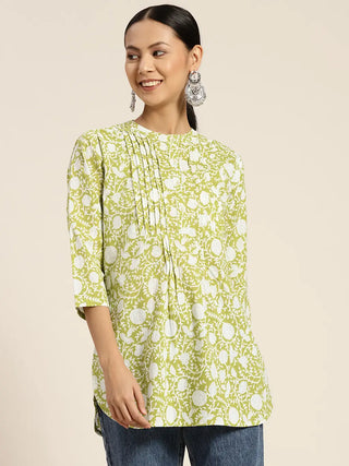 Women's Green and White Ethnic Motifs Printed A-Line Kurti