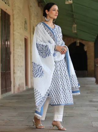 Women Blue-Coloured Ethnic Motifs Printed Sequinned Pure Cotton Kurta with Trousers And Printed Dupatta