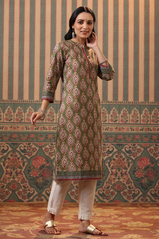 Women Green Ethnic Motifs Printed Cotton Straight Kurta