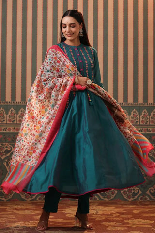 Women Teal Panelled Mirror Work Chanderi Cotton Anarkali Kurta With Trousers & With Dupatta