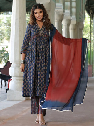 Women Navy Blue Ethnic Motifs Printed Empire Design Anarkali Kurta With Printed Trouser & Dupatta