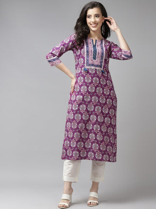 Women Purple & White Pure Cotton Printed Kurta