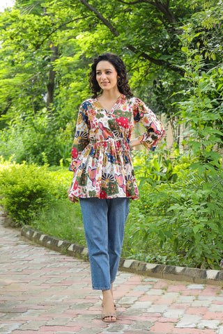 Women White Tribal Print Empire Top