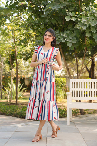 Beige Striped Fit & Flare Dress