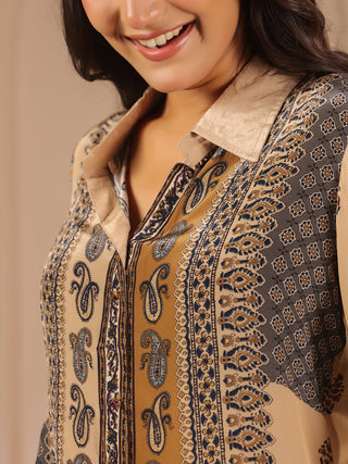 Beige ethnic printed crepe shirt