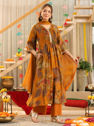 Mustard Floral Chanderi A-Line Kurta Set with Pocket