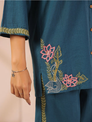 Teal blue solid embroidered cord set with shirt style tunic and matching trouser