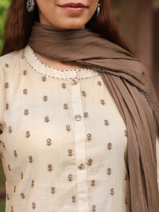 Beige Embroidered 3-Piece Straight Kurta Set