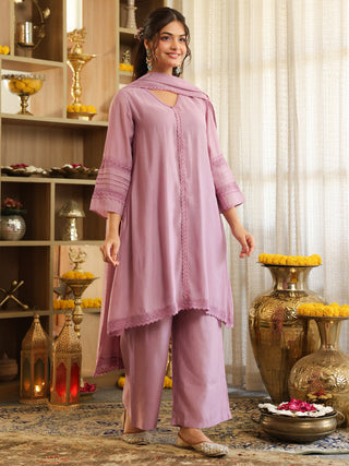 Lilac Lace Chanderi A-Line Kurta Set with Pocket