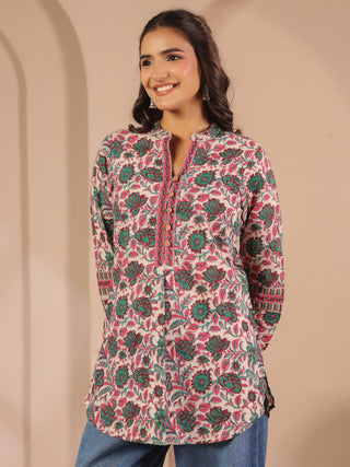 Green Floral Print Cotton Mandarin Collar Top