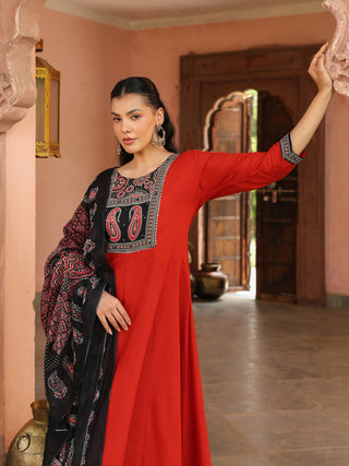 Red Printed 3-Piece Anarkali Kurta Set