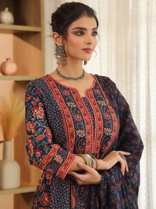 Women Ethnic Motifs Printed Pleated Pure Cotton Kurta with Trousers & With Dupatta