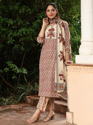 Rust Striped Embroidered 3-Piece Straight Kurta Set