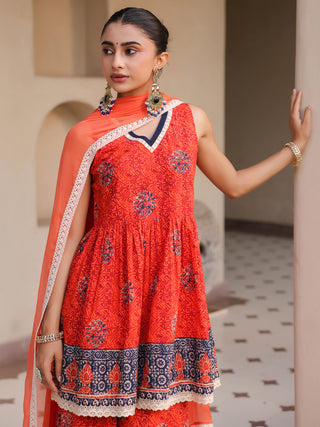 Women Ethnic Motifs Printed Empire Pure Cotton Kurta with Sharara & With Dupatta