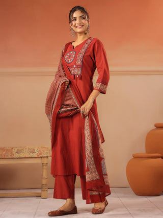Red cotton solid straight fit kurta set with solid trouser and printed cotton dupatta