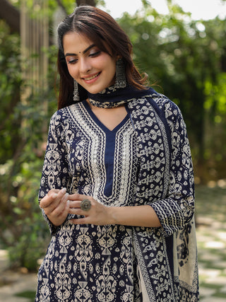 Women Navy Blue Ikat Printed Pure Cotton Straight Kurta With Printed Trouser And Printed Dupatta