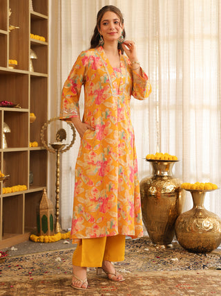 Mustard Floral Print Rayon A-Line Kurta Set with Pocket