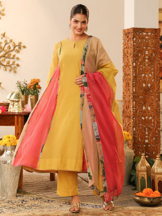 Yellow Beaded Chanderi Anarkali Kurta Set with Pocket