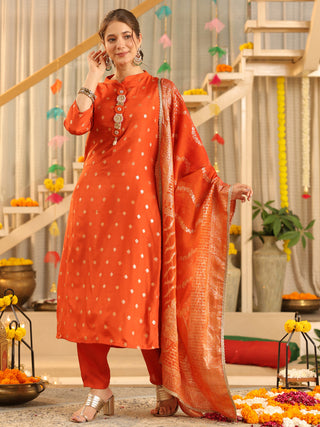 Orange Ethnic Motif Print Rayon Straight Kurta Set With Pant Pocket
