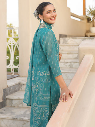 Teal Ethnic Motif Print 3-Piece Straight Kurta Set