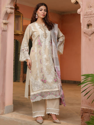 Beige Floral Embroidered 3-Piece Straight Kurta Set