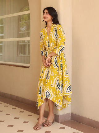 Womens Printed Shirt Collar Fit & Flare Ethnic Dresses