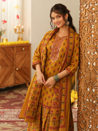 Mustard Yellow Floral Print Cotton Straight Kurta Set