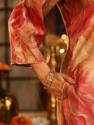 Beige Floral Print Straight Kurta Set with Pocket