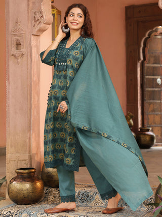 Teal Floral Print 3-Piece Straight Kurta Set
