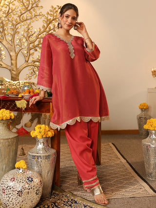Rose Pink Paper Shimmer Lace Co-Ord Set