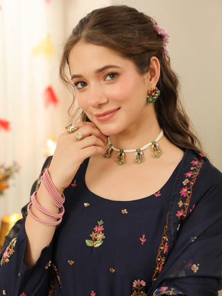 Blue Embroidered Poly Silk Straight Kurta Set
