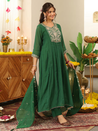 Green Embroidered Anarkali Kurta Set with Pocket