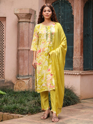 Green Floral Embroidered 3-Piece Straight Kurta Set