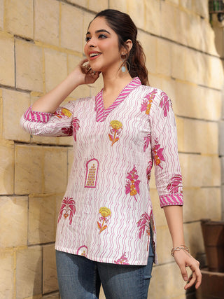 Women Pink & Off White Ethnic Motifs Printed Pure Cotton Kurti