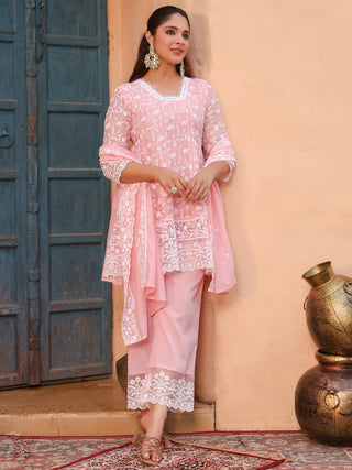 Pink Floral Embroidered Lace 3-Piece Straight Kurta Set