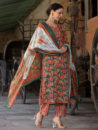 Women Green and Orange Floral Printed Pure Cotton Straight Kurta With Printed Trouser And Printed Dupatta