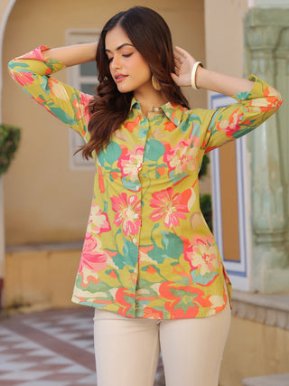 Women Abstract Printed Roll-Up Sleeves Shirt Style Cotton Regular Top