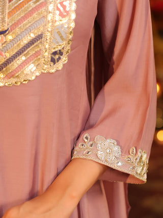 Mauve Embroidered Chanderi A-Line Kurta Set with Pocket