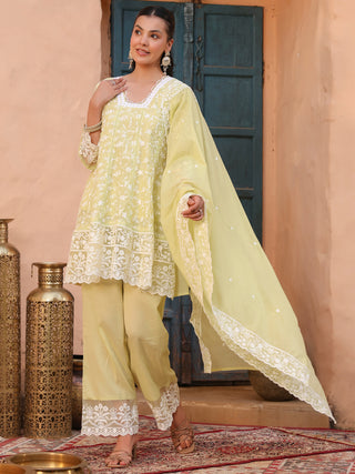 Lime Floral Embroidered Lace 3-Piece Straight Kurta Set