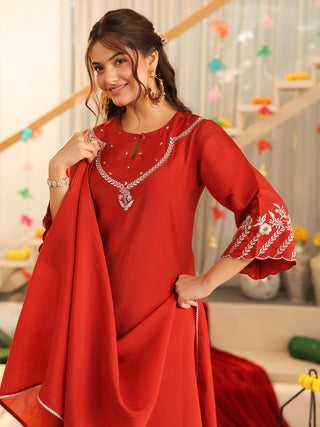Rust Embroidered Mul Chanderi Straight Kurta Set with Dupatta